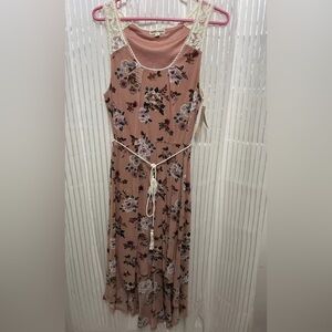 Inspired Hearts SZ (L) Hi-Low Malt Belted, Lace Shoulder, Floral Dress NWTags